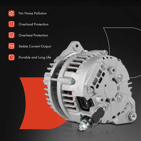 Alternator Replacement For Nissan Titan 2004 2006, Pathfinder Armada 2004 2006, Armada 2005 2006, Infiniti QX56 2004 2006 5.6L V8 12V 130A 7 Groove Pulley Clockwise Rotation Replace 23100 8S100 OEM Grade Plug And Play Workhorse side view with features highlighted