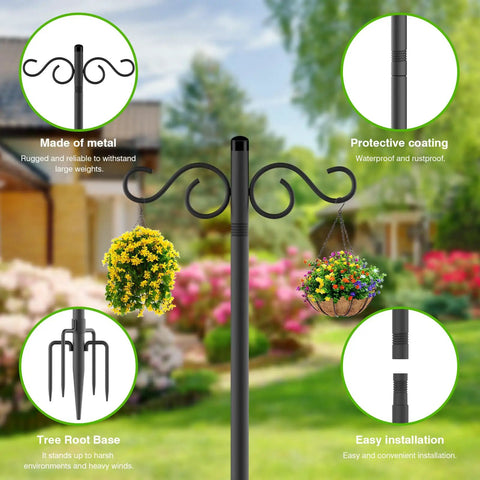 Two Pack 90 Inch Bird Feeder Pole With Five Prongs Base Heavy Duty Double Shepherds Hooks For Outdoor Garden Hanging Lanterns Pots