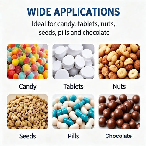 Wide applications of Heavy Duty Candy Coating Machine And Sugar Ball Coater Built Different Stainless Steel Workhorse With Timer Controlled Constant Temperature Dryer For Food And Pharma Lines 110V for candy, tablets, nuts, seeds, pills, and chocolate.