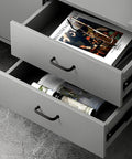 Matte black modern cabinet pulls on gray drawers, 3.75 inch hole center, 96mm, aluminum 6063 alloy, kitchen hardware.