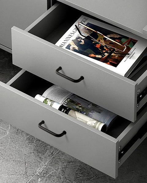 Matte black modern cabinet pulls on gray drawers, 3.75 inch hole center, 96mm, aluminum 6063 alloy, kitchen hardware.