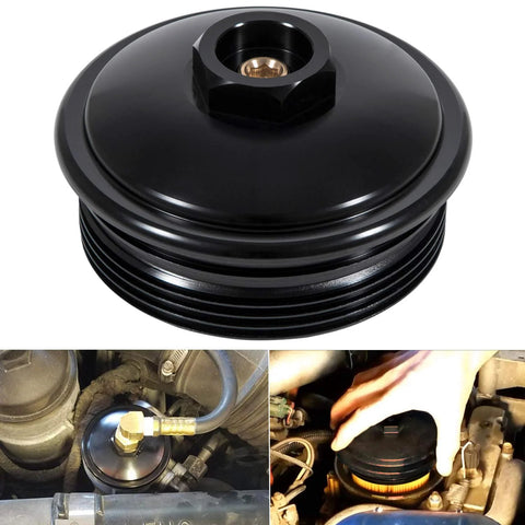 Front view of E-cowlboy black billet-aluminum fuel pressure test kit with pressure port for Ford 2003-2007 6.0L Powerstroke.
