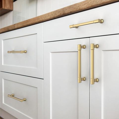 Champagne Bronze Cabinet Pulls 5 Inch Hole Centers Zinc Alloy Square Handles installed on white kitchen cabinets