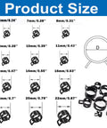 Diagram showing 12 sizes of the Assorted Spring Hose Clamps Kit, 140 Pcs, 6 To 22 Mm Range, Premium 65Mn Steel Clips, Black.