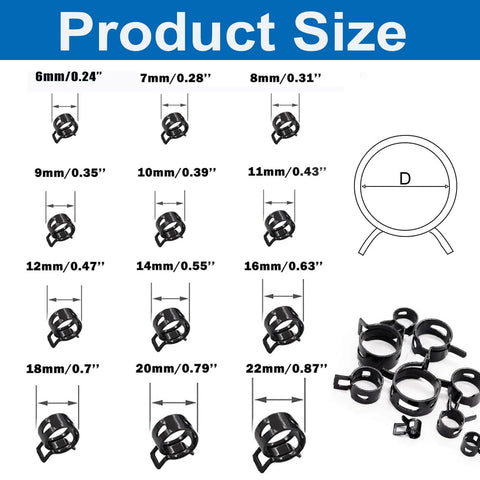 Diagram showing 12 sizes of the Assorted Spring Hose Clamps Kit, 140 Pcs, 6 To 22 Mm Range, Premium 65Mn Steel Clips, Black.
