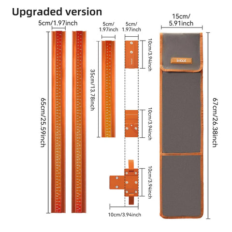 Runs Slick 50 Inch Circular Saw Guide Rail Kit Crafted From Heavy Duty Aluminum Alloy For Flawless Straight Cuts And Precise Board Cutting That Truly Knocks It Out displayed with measurement markings and storage case.