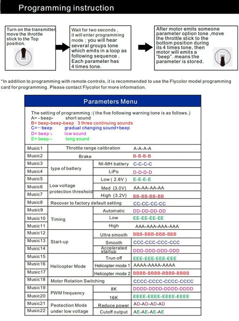 Programming instructions and parameters menu for 30A RC ESC For Brushless Motors, 2 To 4S LiPo, Built In 3A UBEC.