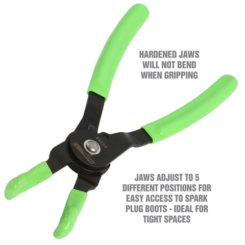 Adjustable Spark Plug Boot Pliers With Five Positions For Easy Access To Hard To Reach Boots Pro Grade Auto Tool Gear shown with green handles.