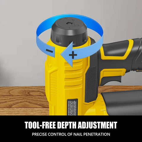 Pro Hustle Cordless Brad Nailer Compatible With DeWalt 20V Max Batteries showing tool-free depth adjustment for nail penetration control.