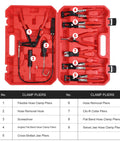 9 Piece Hose Clamp Pliers Set For Fuel Oil And Water Hoses shown in open red case with all tools neatly arranged