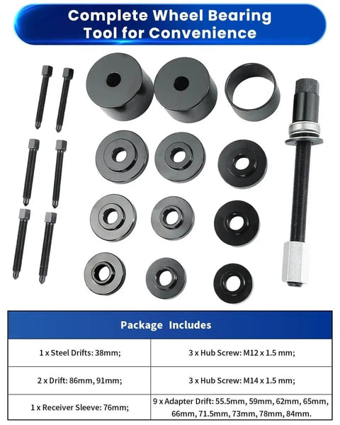19 Piece Universal Front Wheel Drive Bearing Puller Kit For Front Wheel Hub Removal And Bearing Installation On Vehicles