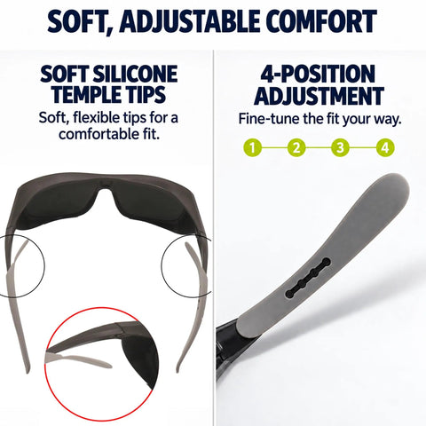 Red Lens Laser Safety Goggles UV Blue Green Diode Up To 532nm showing soft silicone temple tips for comfort and 4-position adjustment.
