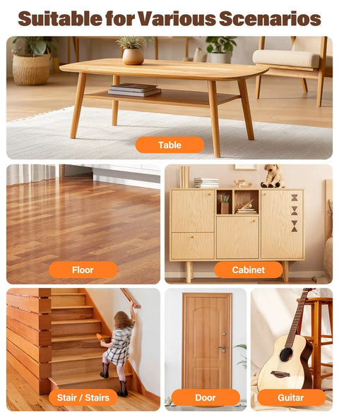 Furniture Repair Kit With Wax Melting Tool Display And Marker Pen For Wood Surfaces Includes Hard Wax Filler For Scratches Holes And Dings On Tables Floors Doors Cabinets And Countertops With Three Temperature Levels For Precise Repairs use for various wood scenarios shown in image.