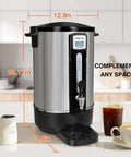 Front view of Commercial Coffee Urn 50 Cup 12L Stainless Steel Heavy Duty Coffee Maker on kitchen counter with cups
