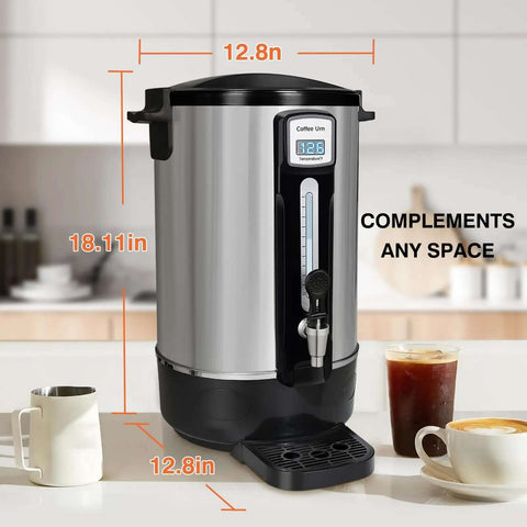 Front view of Commercial Coffee Urn 50 Cup 12L Stainless Steel Heavy Duty Coffee Maker on kitchen counter with cups