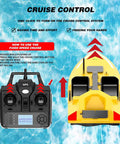 Glow In The Dark RC Bait Boat With GPS Autopilot Dual Motors 12000mAh Battery Long Range 546 Yards Triple Bin 4.4 Lbs Capacity Fluorescence Effect For Night Fishing. Image shows yellow bait boat next to remote control, illustrating cruise control feature on water background.