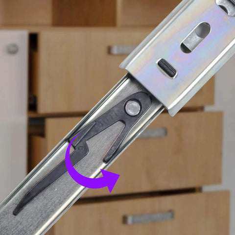 Close-up of 11 Inch Drawer Slides With Ball Bearing Rails For Smooth No Squeak Action, Side Mount Design, in a drawer setup.