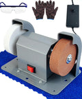 Heavy Duty Electric Knife Sharpener With Slick Variable Speed Control And Dual Sharpening Stone Setup showing motor, sharpening wheels, and tools.