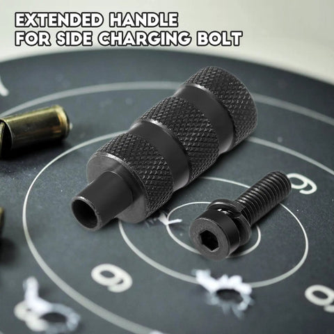 Gonna Be Your Ultimate Upgrade To The Side Charging Bolt Extended Handle Knob All Steel Knurled Grip with screw on target backdrop.