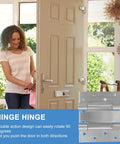 Woman using door with Stainless Steel Spring Door Hinges Double Action Self Closing For Indoor And Outdoor Doors, visible on hinge