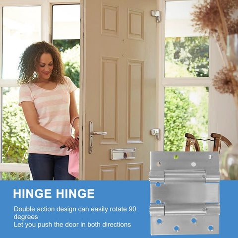Woman using door with Stainless Steel Spring Door Hinges Double Action Self Closing For Indoor And Outdoor Doors, visible on hinge