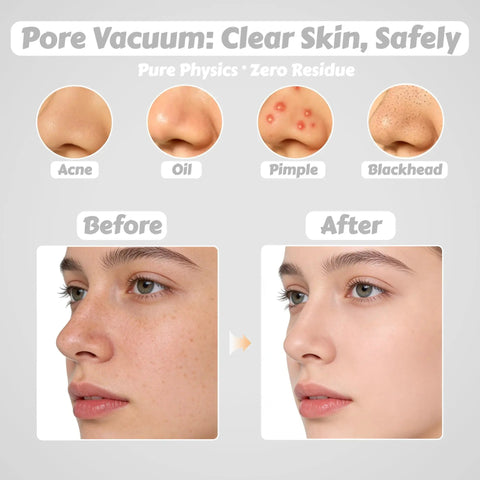 Before and after results using Face Pore Vacuum Blackhead Remover With 3 Suction Levels And 6 Interchangeable Probes, focus on clear nose