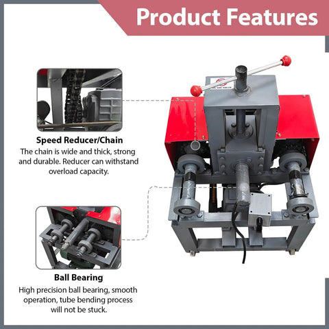 Product features of 3HP Electric Pipe Tube Bender With 15 Round And 9 Square Dies For Stainless Steel showing speed reducer and ball bearings.