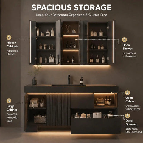 Spacious storage view of Ultra Chic 72 Inch Freestanding Single Sink Bathroom Vanity With Glowing Led Mirror Cabinet And Hella Spacious Drawer Storage Plus Open Shelves Home Decor.
