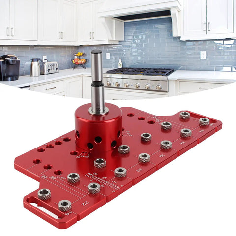 Top Tier 2 In 1 Shelf Pin And Cabinet Hinge Jig Kit Crafted From Solid Aluminum With Four Hardened Steel Drill Bits for precise hole placement.