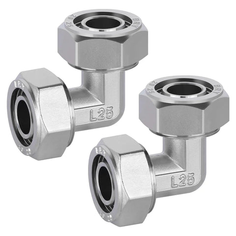 Two Pack Three Quarter Inch Brass Nickel Plated Elbow Air Fittings With Quick Connect Beefed Up Pro Grade Quality 200 PSI Working Pressure Heavy Duty