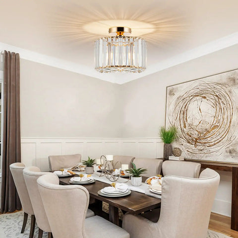 Dining area with 7.9 Inch Modern Crystal Ceiling Light Fixture LED Mini Crystal Chandelier Flush Mount, white glow