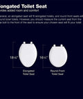 Diagram comparing elongated and round-front toilet seats with dimensions and text information.