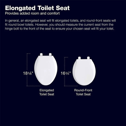 Diagram comparing elongated and round-front toilet seats with dimensions and text information.