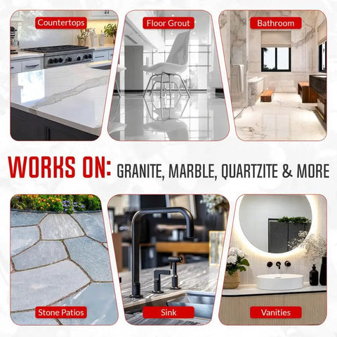 Stone Care Kit For Granite And Quartz 3 Piece Maintenance Set With Cleaner Sealer And Polish applications on various surfaces.