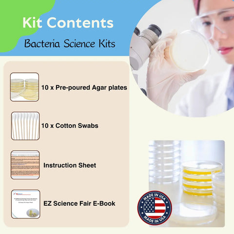 Kit contents of Science Fair Ready Bacteria Kit with pre-poured LB agar plates, cotton swabs, instruction sheet, and E-book.