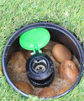 Automatic Irrigation Valve Box Cover For Garden And Lawn 6 Inch Sprinkler System Lid with Green Top Exposing Internal Components