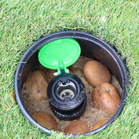 Automatic Irrigation Valve Box Cover For Garden And Lawn 6 Inch Sprinkler System Lid with Green Top Exposing Internal Components