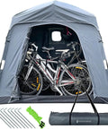 All Weather Outdoor Bike Storage Tent And Gear Shelter Extra Large Portable Waterproof Shed open showing 3 bikes inside