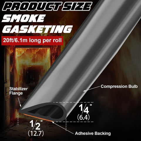 Side view of black silicone adhesive smoke gasket roll, 0.5 in W x 0.25 in H x 20 ft, for doors/windows.