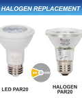 Ultra Bright 6W LED PAR20 Spotlight Bulb 38 Degree Dimmable 4 Pack 120V E26 Base 480 Lumens 3000K Soft White next to Halogen bulb.