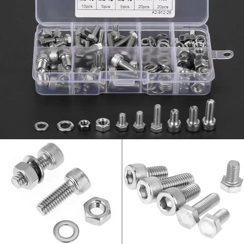 170 Pcs Stainless Steel M5 And M6 Hex Socket Head Cap Screws Kit With Washers And Nuts organized in a box