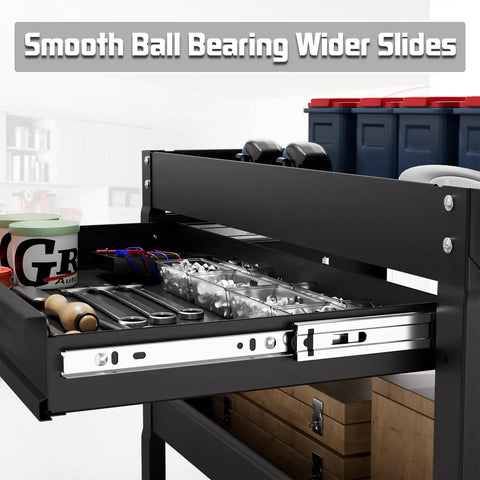 Close-up of a drawer on a Three Tier Rolling Tool Cart With Drawers, 400 Lb Capacity Heavy Duty Utility Cart On Wheels With Pegboard