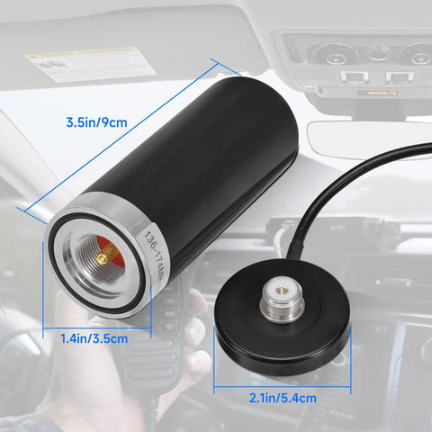 Dual Band Ham Radio Antenna With Magnetic Base And Sixteen Foot Extension Cable For Vehicle And Marine Use Covers VHF 136 To 174 MHz And UHF 400 To 470 MHz PL259 Connector, shown with measurements and magnetic base in vehicle interior