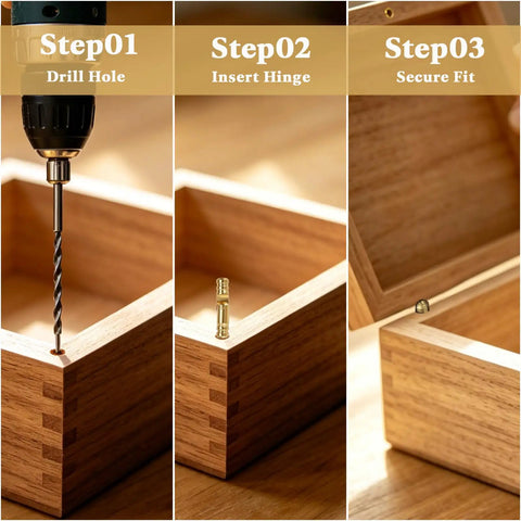 Step-by-step installation of brass barrel hinges 270 degree concealed 4 x 20 mm for wooden boxes, DIY crafts.