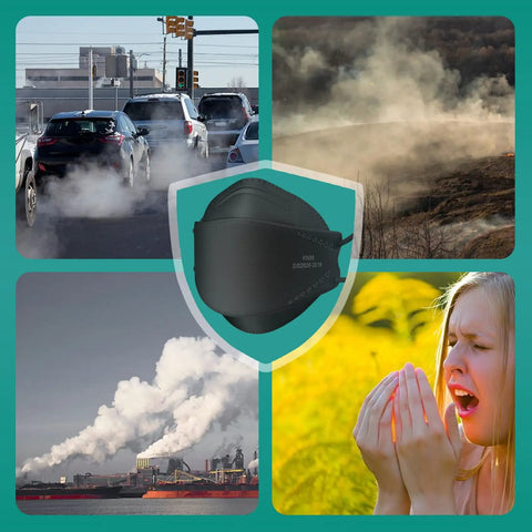 KN95 Face Masks For Adults 50 Pack Individually Wrapped 5 Ply Black Disposable Masks Against PM 2 5 Smoke And Dust With 95 Percent Filtration Efficiency And 3D Shape For Tight Fit And Easier Breathing. Image of mask with pollution illustration.