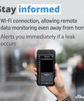 Hand holding phone displaying app for Wireless Flood Sensor With Temperature Measurement For Home Automation in urban setting