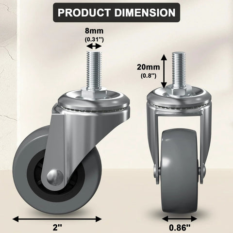 6-pack creeper wheels; 2-inch heavy-duty swivel casters with 8mm x 20mm threaded stems for creepers and service carts.