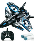 F47 RC Fighter Drone For Kids with remote control and batteries, black with blue LED lights, complete set for beginners