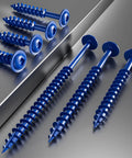 Blue Pocket Hole Screws 8 x 3/4 Inch 200 PC Pack Self Tapping Wood Screws with square and round heads on a surface