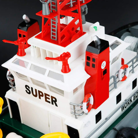 Dope Seaport Style RC Tug Boat With Water Sprayer 2.4GHz Remote Control Harbor Fire Rescue Ship deck close-up with red towers